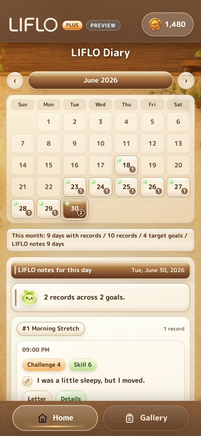 Calendar screen for checking recorded days and notes
