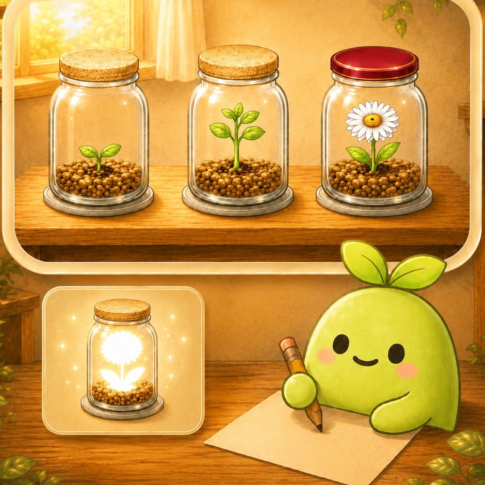 Seed growing into a flower inside bottles with LIFLO watching over it