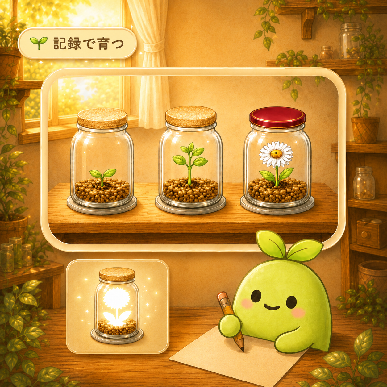 記録を重ねるほど瓶の中のタネが芽から花へ育ち、LIFLOと一緒に見守る楽しみの紹介