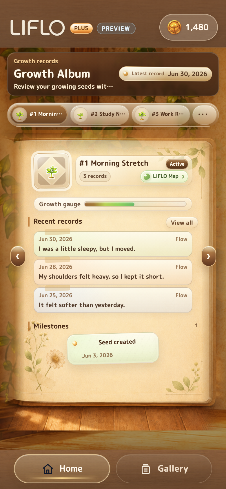 Growth album screen for reviewing seed changes and milestones