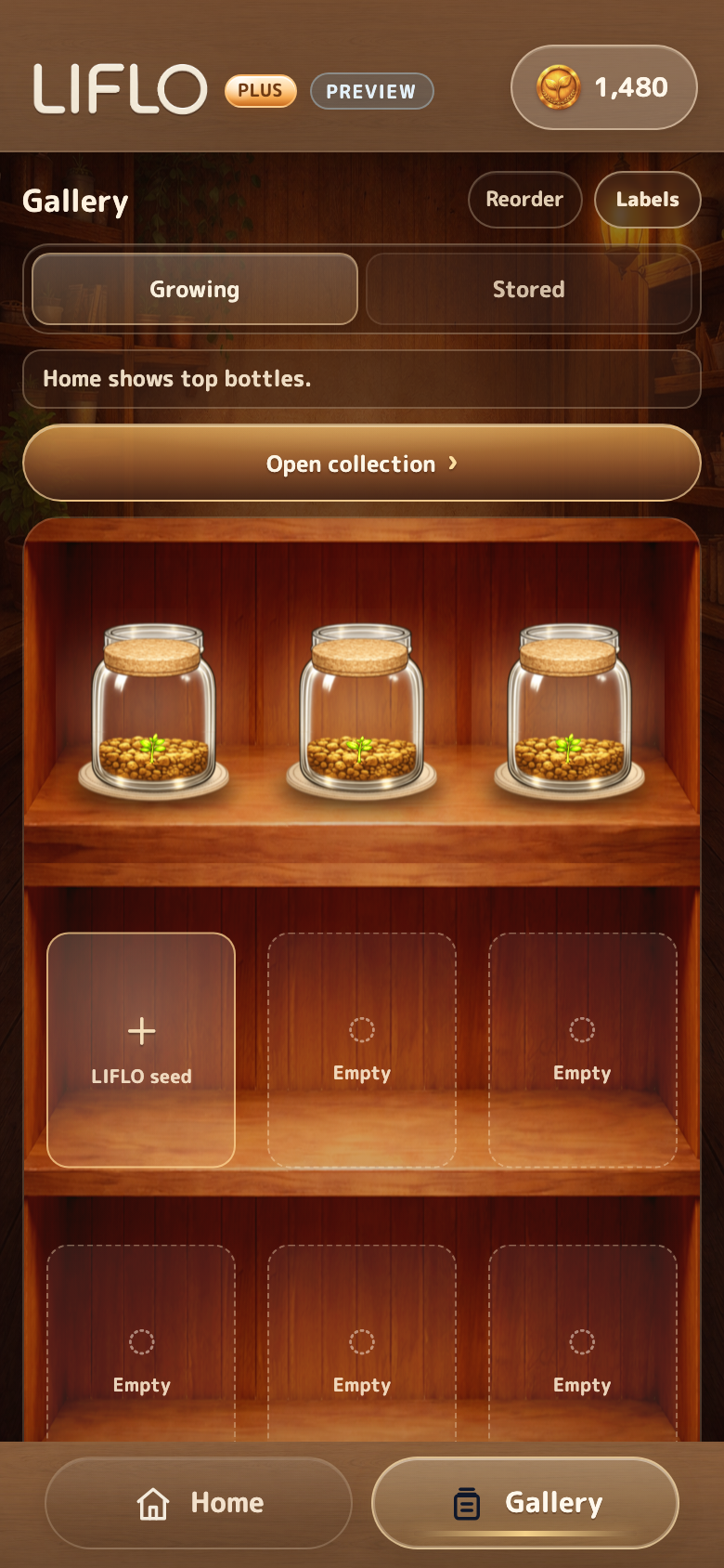 Gallery screen where grown flowers are saved in memory bottles