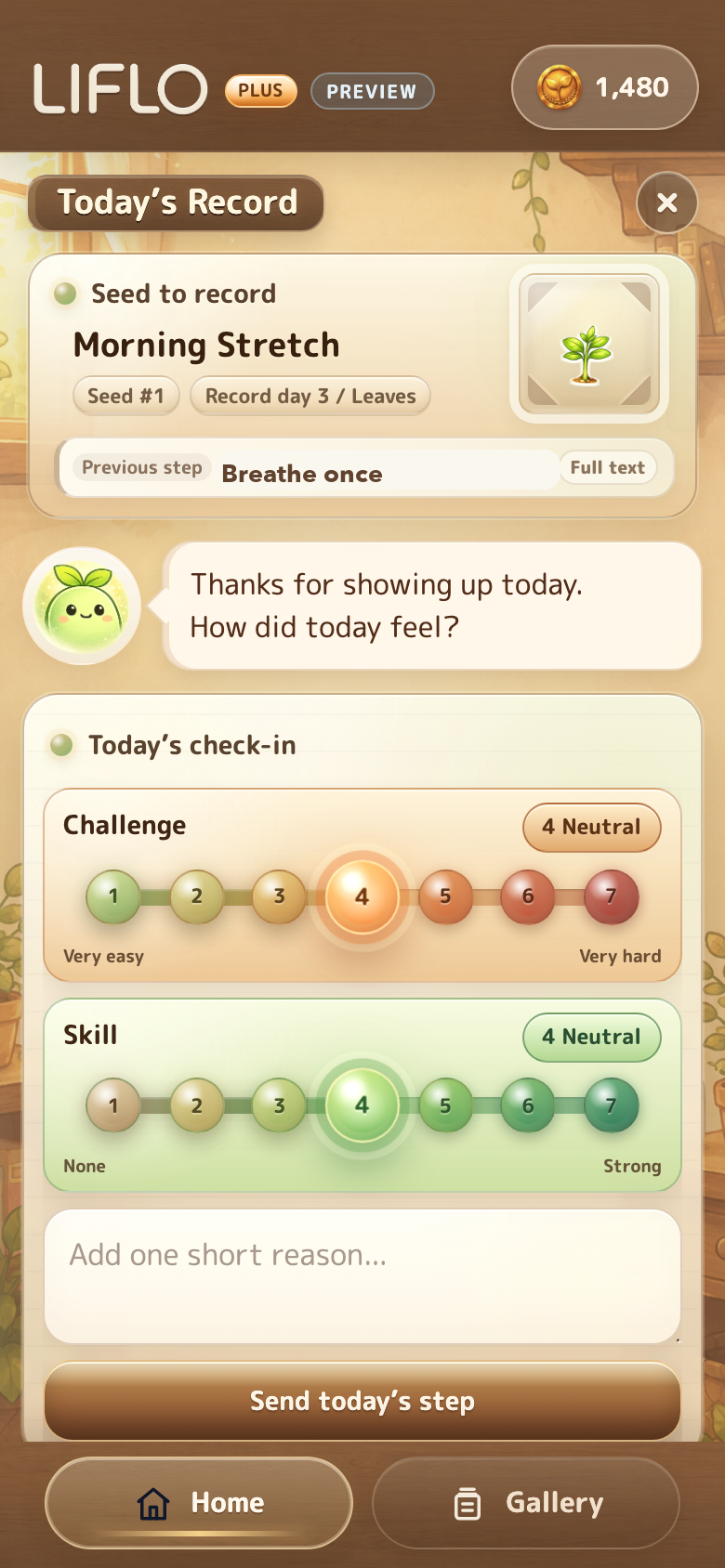 Screen for recording difficulty and momentum on a 7-point scale