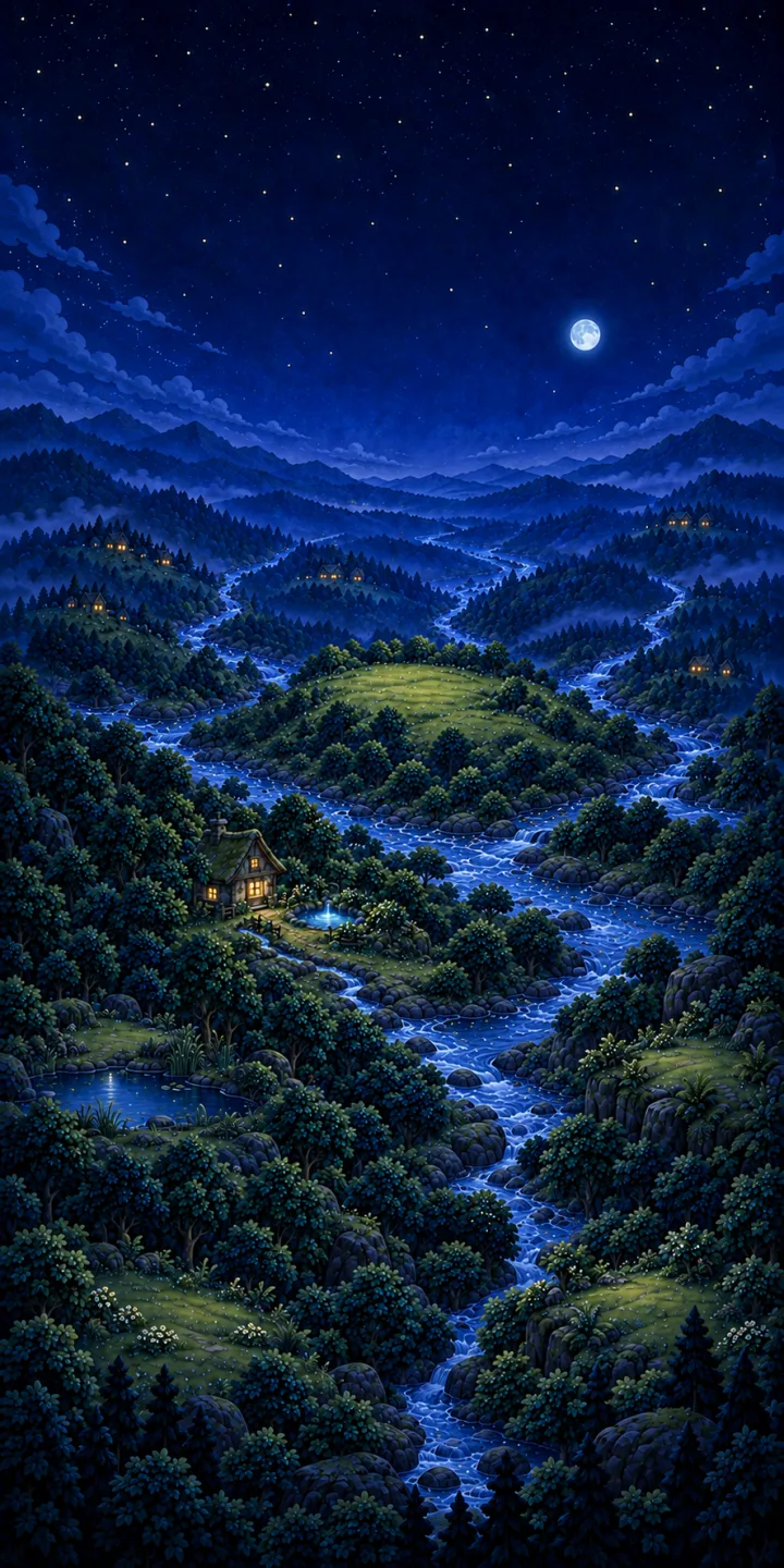 いくつもの泉と川が、月夜の森でつながる景色