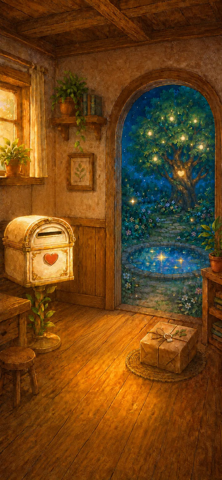 灯りのともる部屋と、夜の森へ続く泉